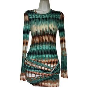 Torn by Ronny Kobo Ikat Bodycon Long Sleeve Mini Dress Green Brown Ruched Size S